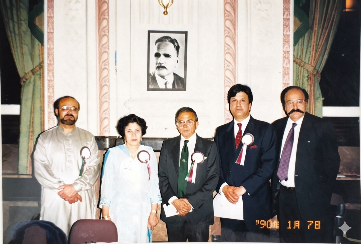 Five Academy members standing beneath a framed portrait of Muhammad Iqbal, January 1990.