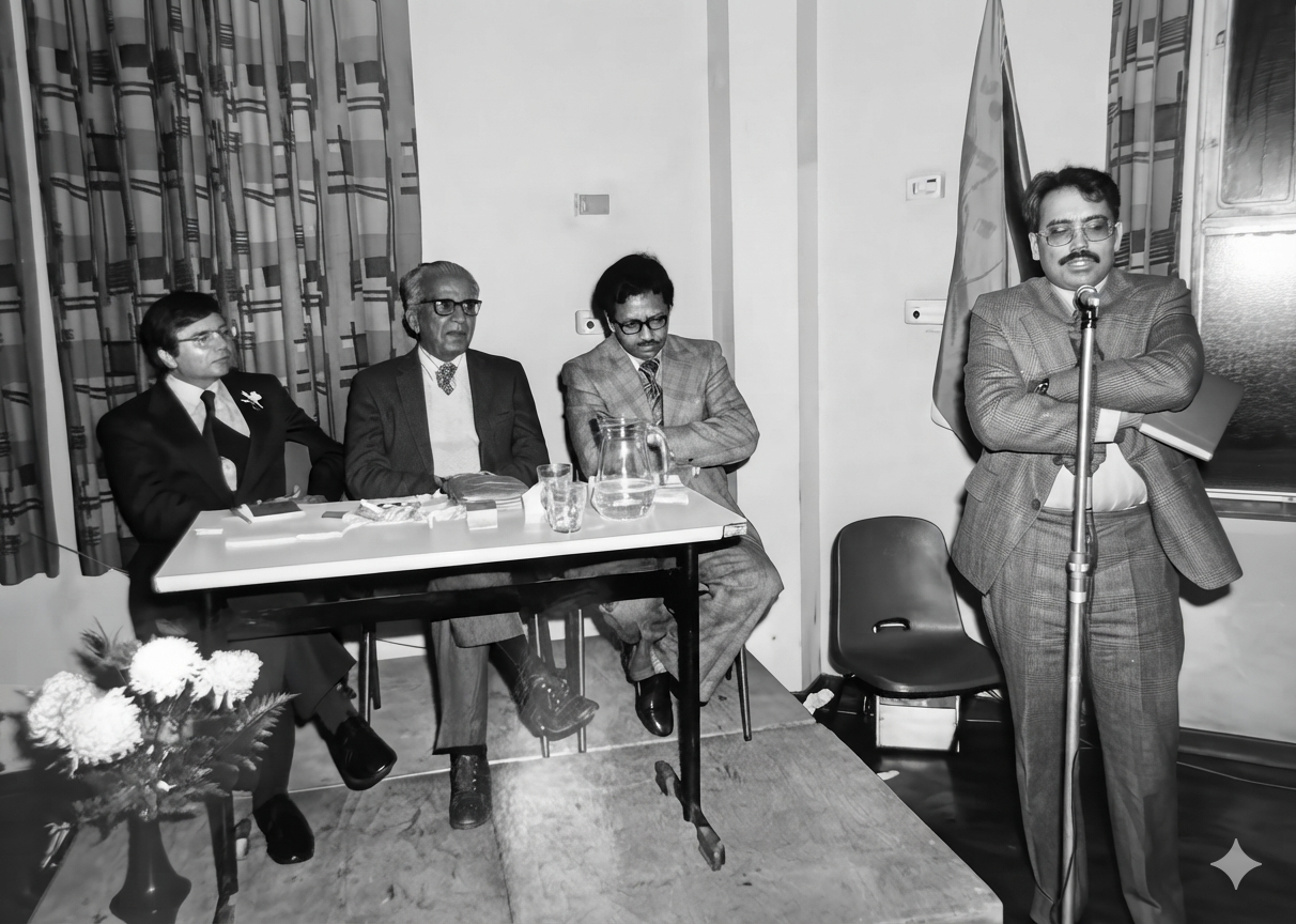 A speaker at a microphone addressing a seated panel at an Academy lecture, photographed in black and white.